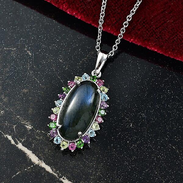 EverTrue AAA Malagasy Labradorite Multi Gemstone Aurora Blossom Pendant In Platinum Bond With Stainless Steel Necklace 11.00 Ctw (20 Inches)