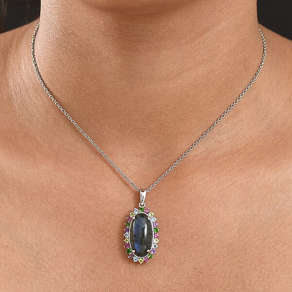 EverTrue AAA Malagasy Labradorite Multi Gemstone Aurora Blossom Pendant In Platinum Bond With Stainless Steel Necklace 11.00 Ctw (20 Inches)