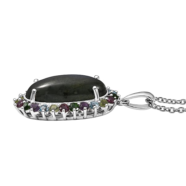 EverTrue AAA Malagasy Labradorite Multi Gemstone Aurora Blossom Pendant In Platinum Bond With Stainless Steel Necklace 11.00 Ctw (20 Inches)