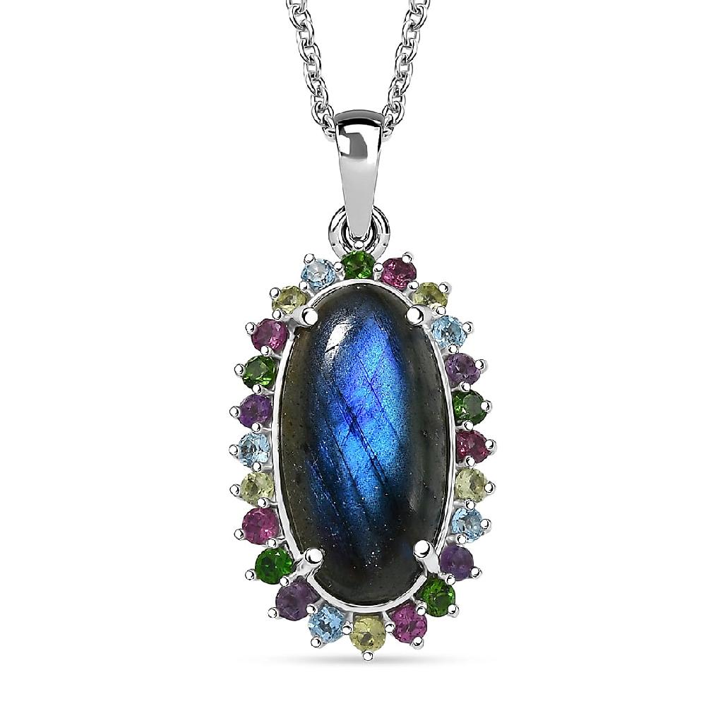 EverTrue AAA Malagasy Labradorite Multi Gemstone Aurora Blossom Pendant in Platinum Bond with Stainless Steel Necklace 11.00 ctw (20 Inches)