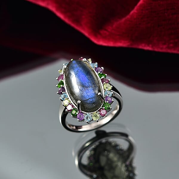 EverTrue AAA Malagasy Labradorite Multi Gemstone Ring In Platinum Bond 10.50 Ctw