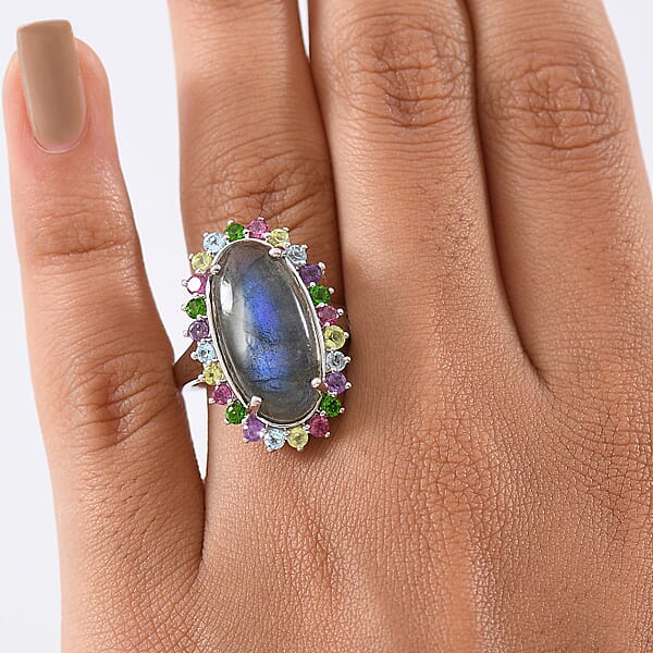 EverTrue AAA Malagasy Labradorite Multi Gemstone Ring In Platinum Bond 10.50 Ctw
