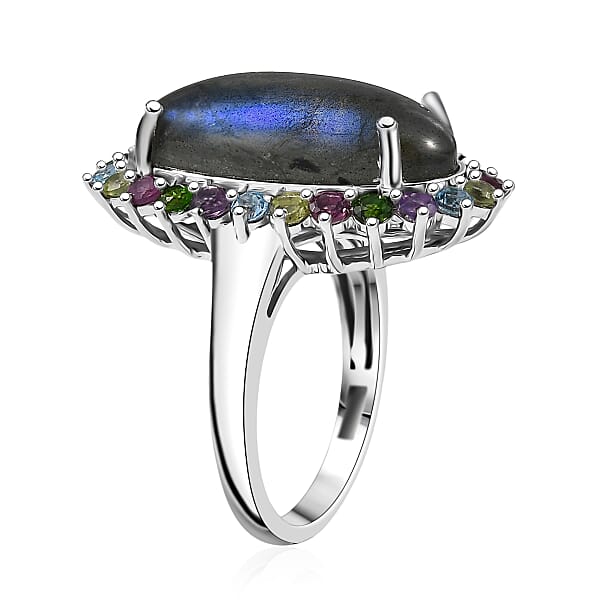 EverTrue AAA Malagasy Labradorite Multi Gemstone Ring In Platinum Bond 10.50 Ctw