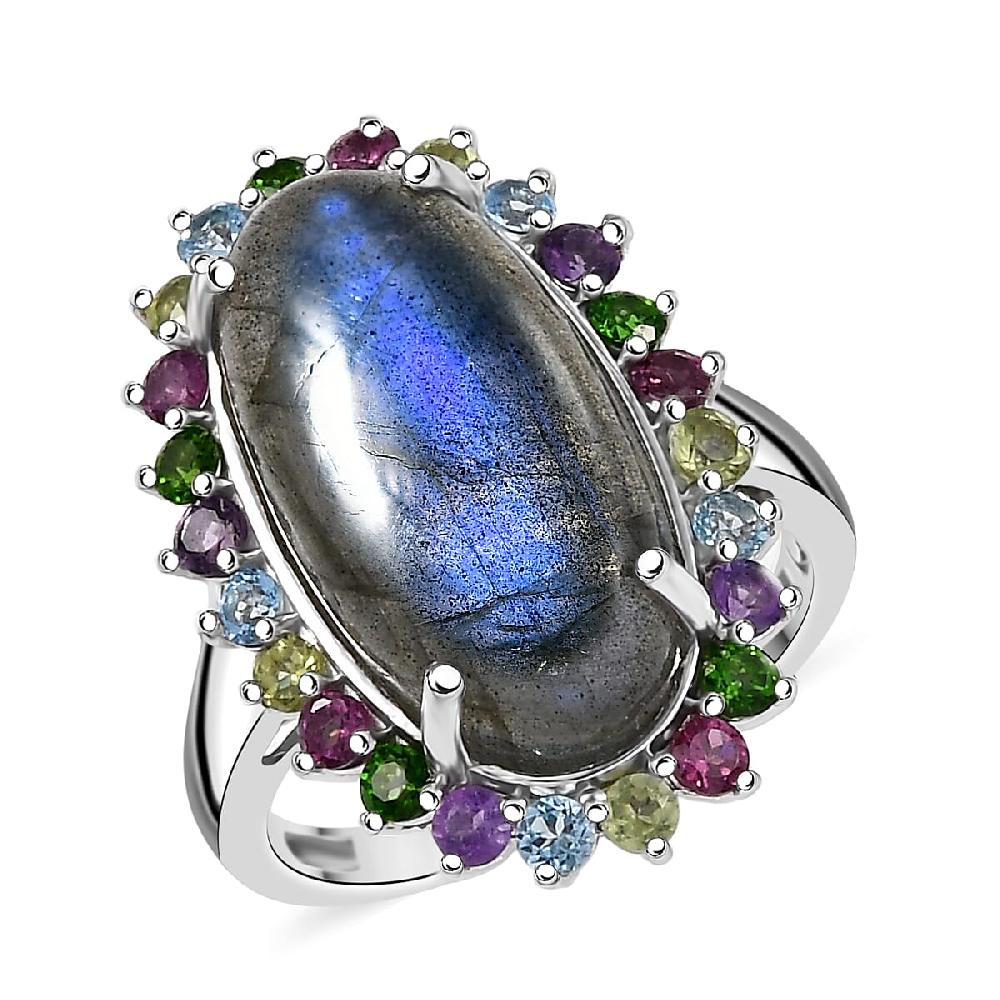 EverTrue AAA Malagasy Labradorite Multi Gemstone Ring in Platinum Bond 10.50 ctw
