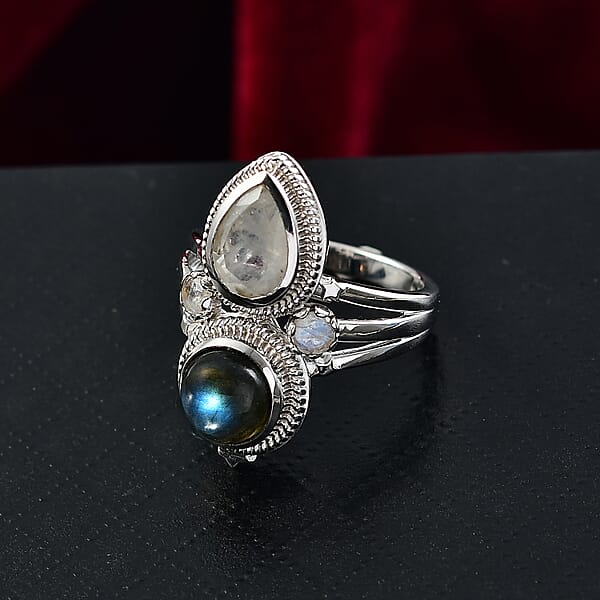 EverTrue AAA Malagasy Labradorite Rainbow Moonstone Ring In Platinum Bond 4.40 Ctw
