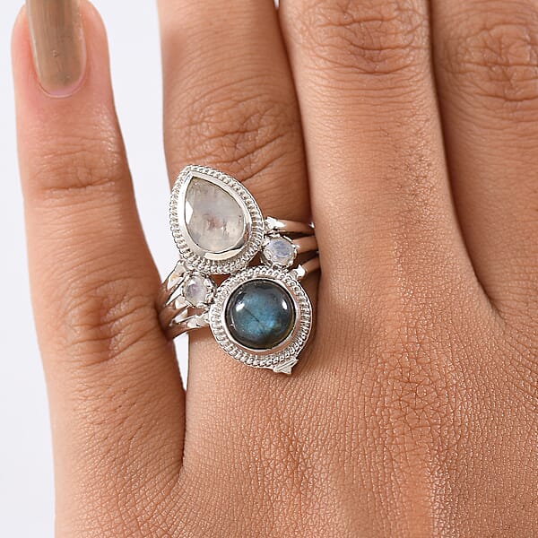 EverTrue AAA Malagasy Labradorite Rainbow Moonstone Ring In Platinum Bond 4.40 Ctw