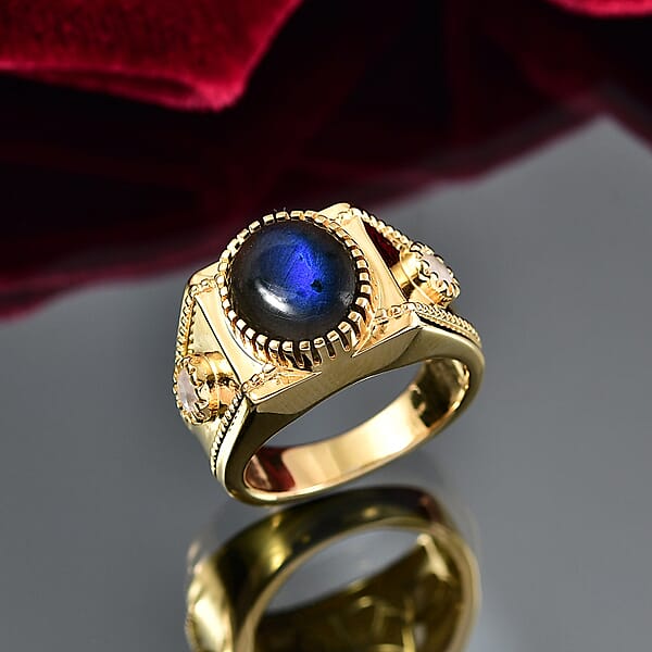EverTrue AAA Malagasy Labradorite Rainbow Moonstone Men's Ring In 18K YG Plated 5.40 Ctw