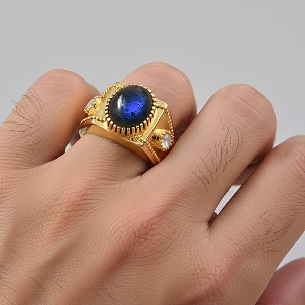 EverTrue AAA Malagasy Labradorite Rainbow Moonstone Men's Ring In 18K YG Plated 5.40 Ctw