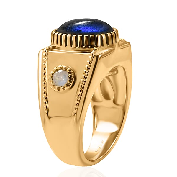 EverTrue AAA Malagasy Labradorite Rainbow Moonstone Men's Ring In 18K YG Plated 5.40 Ctw