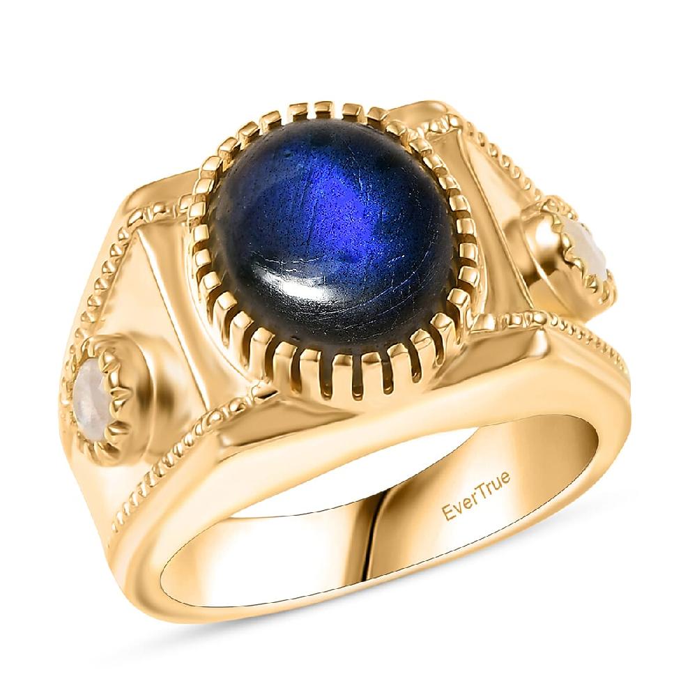 EverTrue AAA Malagasy Labradorite Rainbow Moonstone Men's Ring in 18K YG Plated 5.40 ctw