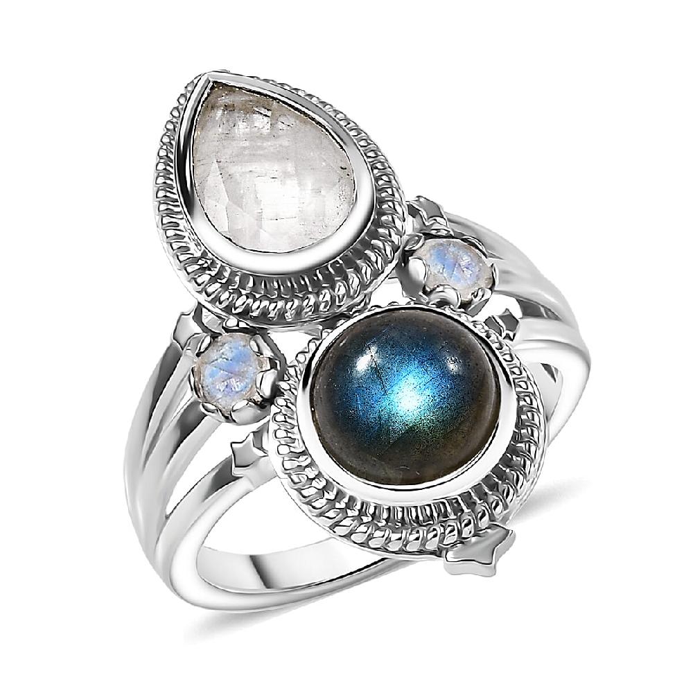 EverTrue AAA Malagasy Labradorite Rainbow Moonstone Ring in Platinum Bond 4.40 ctw
