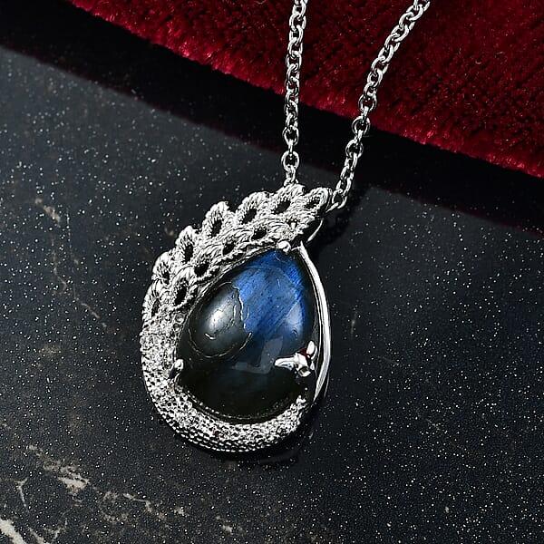 EverTrue AAA Malagasy Labradorite White Zircon Pendant In Platinum Bond With Stainless Steel Necklace 8.90 Ctw (20 Inches)