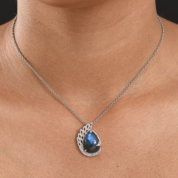 EverTrue AAA Malagasy Labradorite White Zircon Pendant In Platinum Bond With Stainless Steel Necklace 8.90 Ctw (20 Inches)