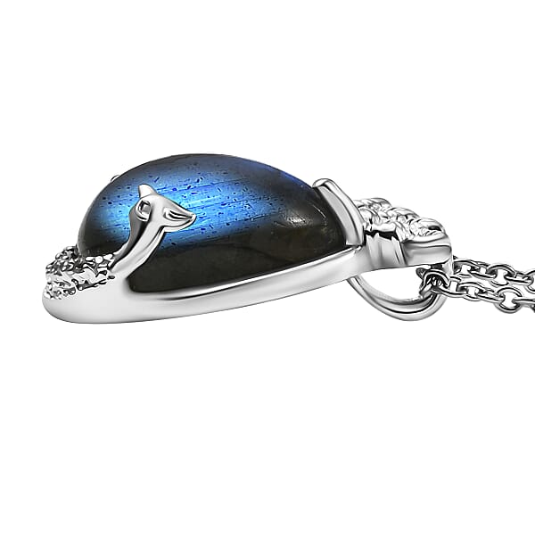 EverTrue AAA Malagasy Labradorite White Zircon Pendant In Platinum Bond With Stainless Steel Necklace 8.90 Ctw (20 Inches)