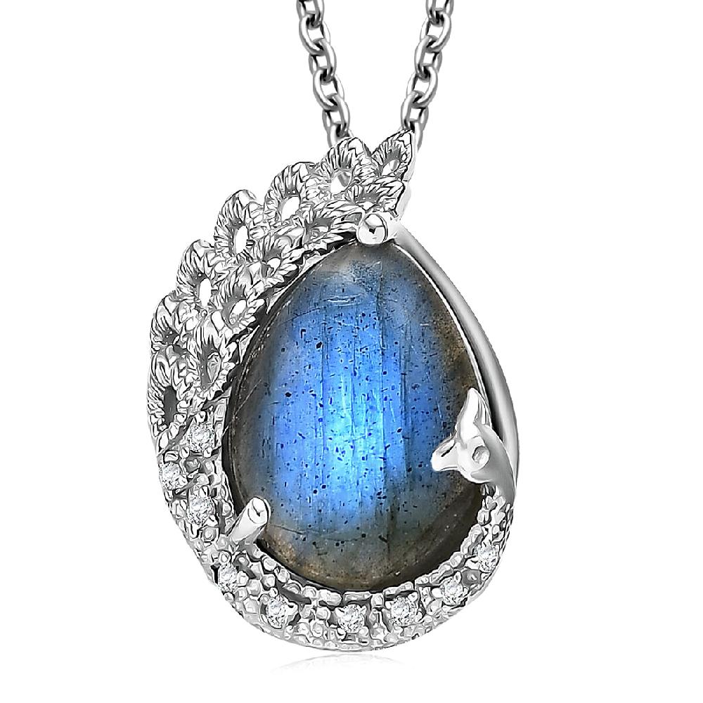EverTrue AAA Malagasy Labradorite White Zircon Pendant in Platinum Bond with Stainless Steel Necklace 8.90 ctw (20 Inches)