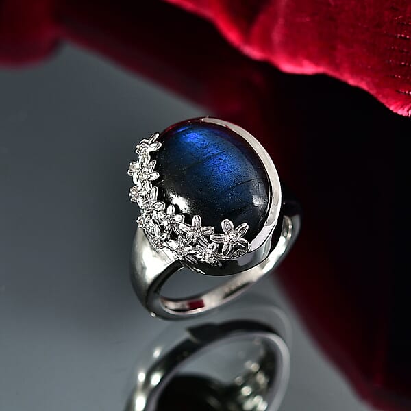 EverTrue AAA Malagasy Labradorite White Zircon Ring In Platinum Bond 12.80 Ctw