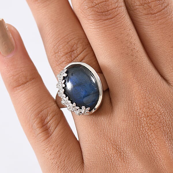 EverTrue AAA Malagasy Labradorite White Zircon Ring In Platinum Bond 12.80 Ctw