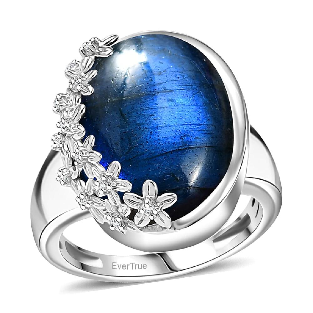 EverTrue AAA Malagasy Labradorite White Zircon Ring in Platinum Bond 12.80 ctw