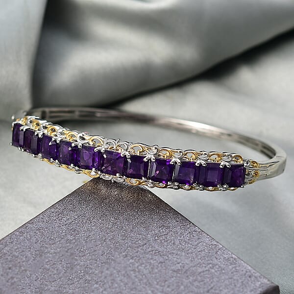 EverTrue African Amethyst 11.90 Ctw Art Nouveau Bangle Bracelet In 18K YG Plated And Platinum Bond (7.25 In)