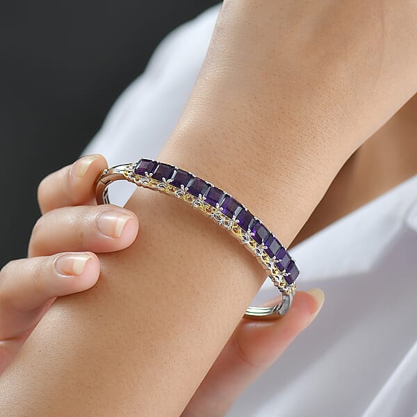 EverTrue African Amethyst 11.90 Ctw Art Nouveau Bangle Bracelet In 18K YG Plated And Platinum Bond (7.25 In)