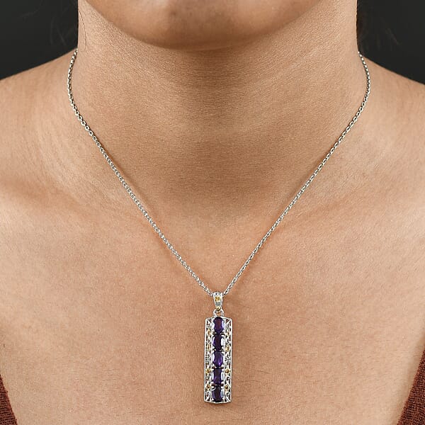 EverTrue African Amethyst 2.10 Ctw Pendant In 18K YG Plated And Platinum Bond With Stainless Steel Necklace 20 Inches