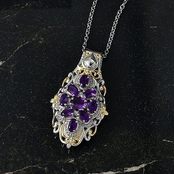EverTrue African Amethyst 2.24 Ctw Pendant In 18K YG Plated And Platinum Bond With Stainless Steel Necklace 20 Inches