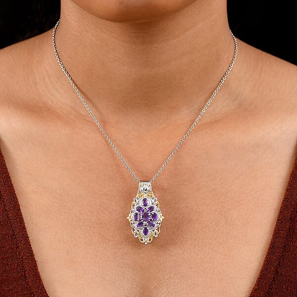 EverTrue African Amethyst 2.24 Ctw Pendant In 18K YG Plated And Platinum Bond With Stainless Steel Necklace 20 Inches