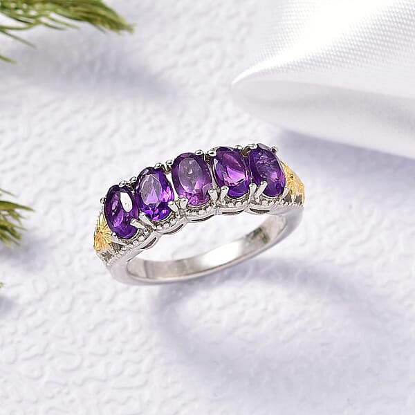 EverTrue African Amethyst 2.40 Ctw 5 Stone Ring In 18K YG Plated And Platinum Bond