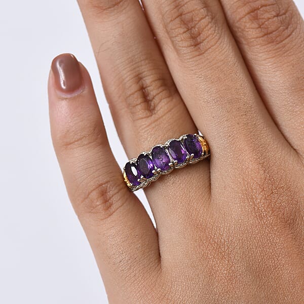 EverTrue African Amethyst 2.40 Ctw 5 Stone Ring In 18K YG Plated And Platinum Bond