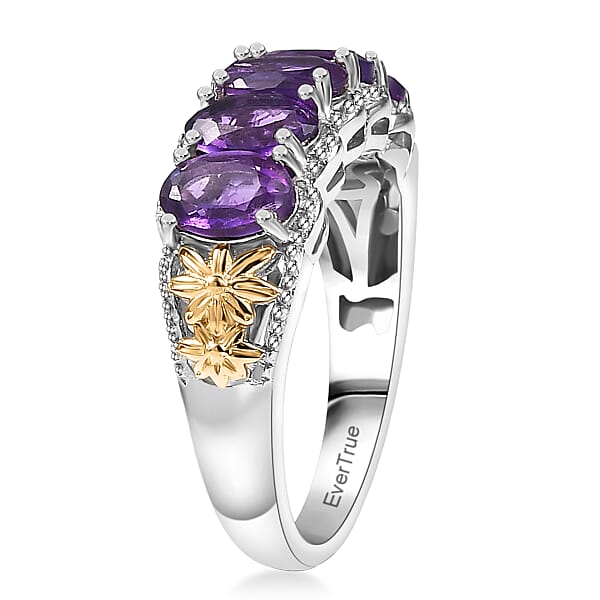 EverTrue African Amethyst 2.40 Ctw 5 Stone Ring In 18K YG Plated And Platinum Bond