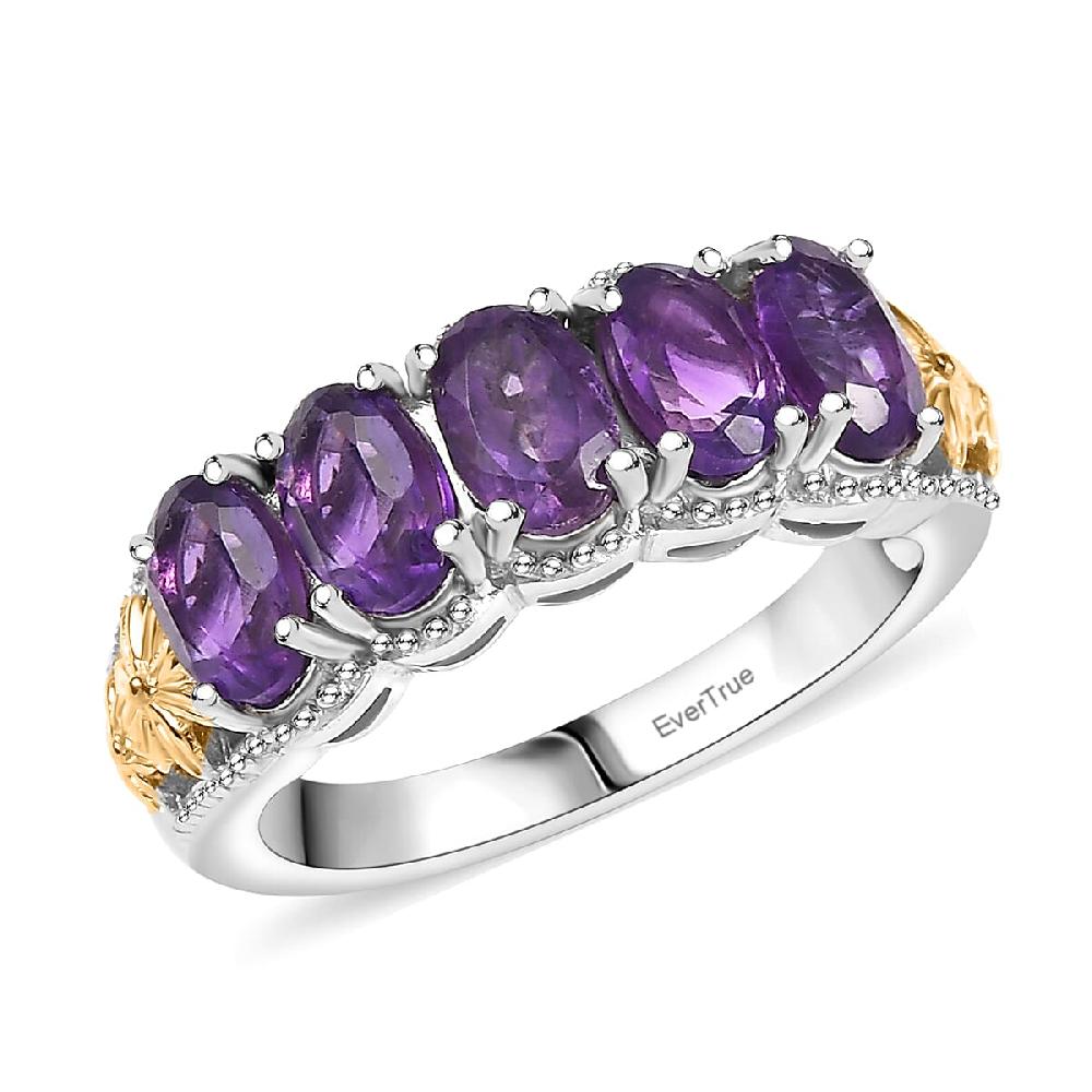 EverTrue African Amethyst 2.40 ctw 5 Stone Ring in 18K YG Plated and Platinum Bond