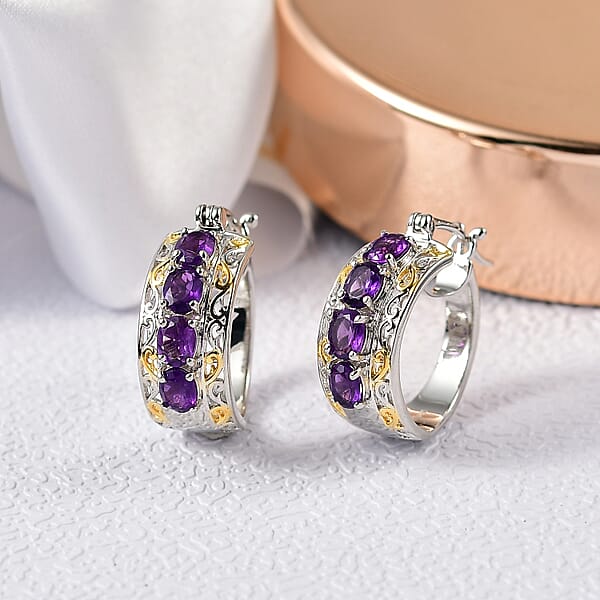 EverTrue African Amethyst 2.60 Ctw Hoop Earrings In 18K YG Plated And Platinum Bond