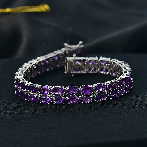 EverTrue African Amethyst 21.85 Ctw Two Row Carpet Bracelet In Platinum Bond (6.50 In)