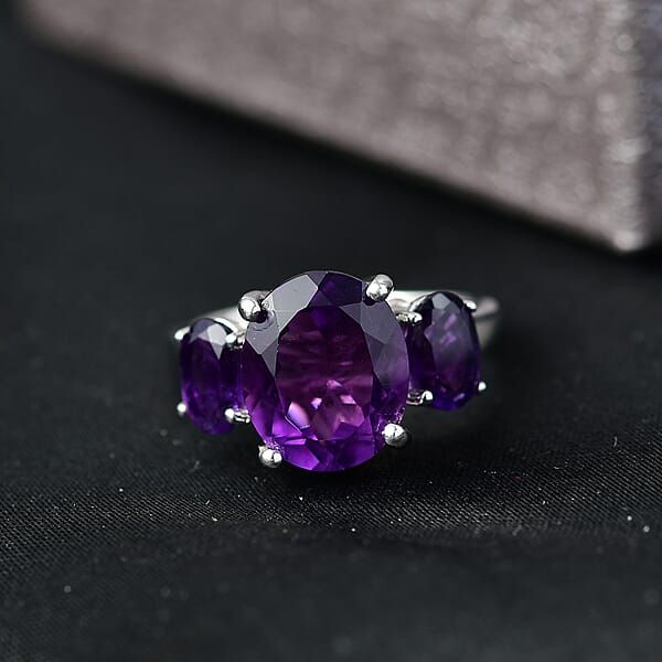 EverTrue African Amethyst 3 Stone Ring In Platinum Bond 5.65 Ctw