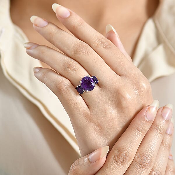 EverTrue African Amethyst 3 Stone Ring In Platinum Bond 5.65 Ctw