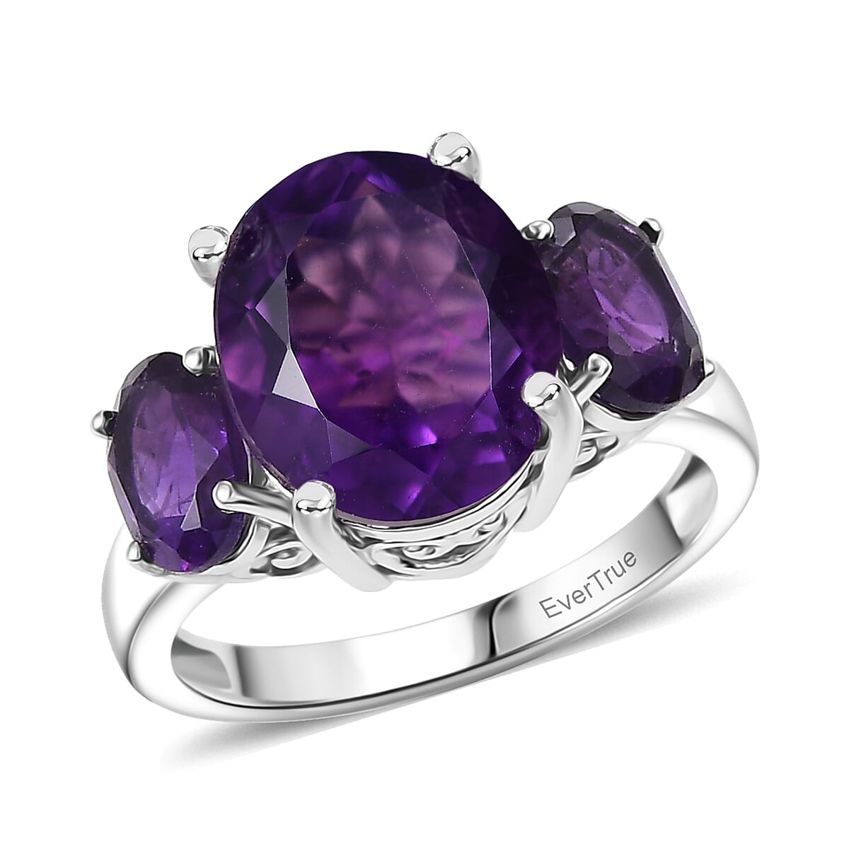 EverTrue African Amethyst 3 Stone Ring in Platinum Bond 5.65 ctw