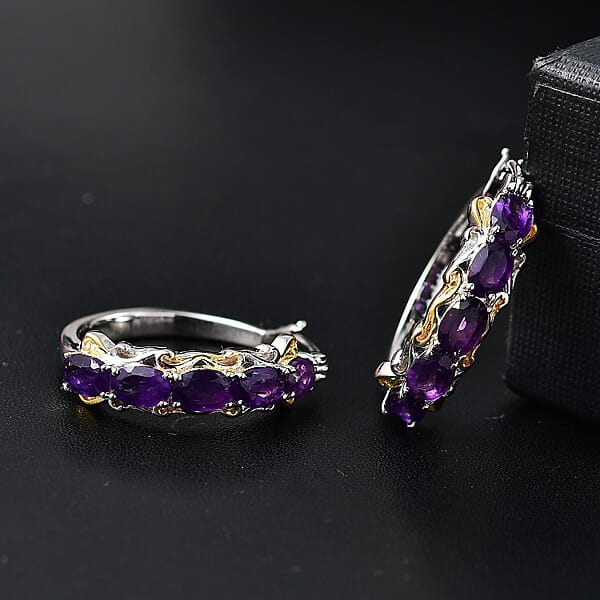 EverTrue African Amethyst 4.10 Ctw Hoop Earrings In 18K YG Plated And Platinum Bond