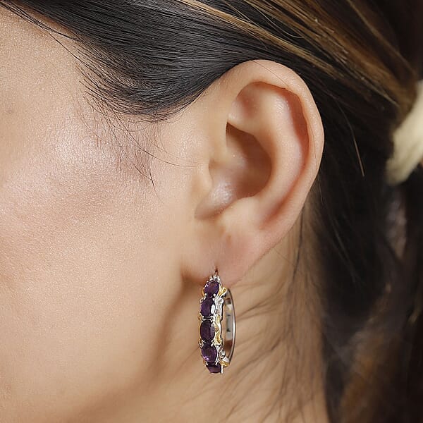 EverTrue African Amethyst 4.10 Ctw Hoop Earrings In 18K YG Plated And Platinum Bond