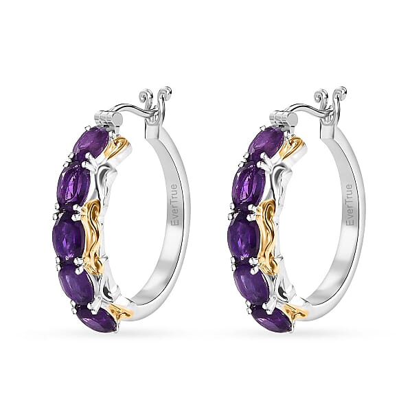 EverTrue African Amethyst 4.10 Ctw Hoop Earrings In 18K YG Plated And Platinum Bond
