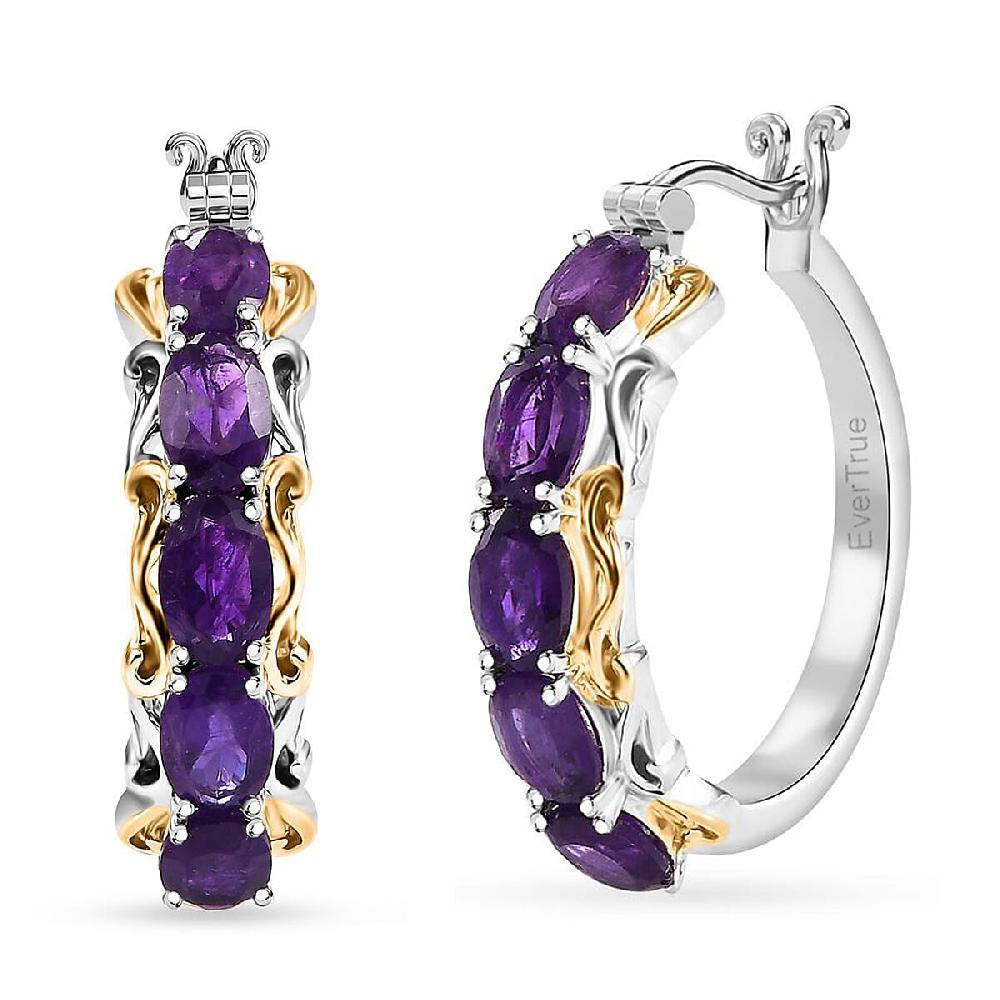 EverTrue African Amethyst 4.10 ctw Hoop Earrings in 18K YG Plated and Platinum Bond