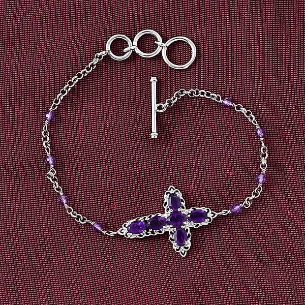 EverTrue African Amethyst 4.40 Ctw Cross Bracelet In Platinum Bond (6.50-8.0In)