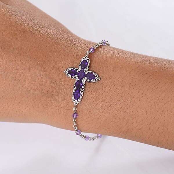 EverTrue African Amethyst 4.40 Ctw Cross Bracelet In Platinum Bond (6.50-8.0In)