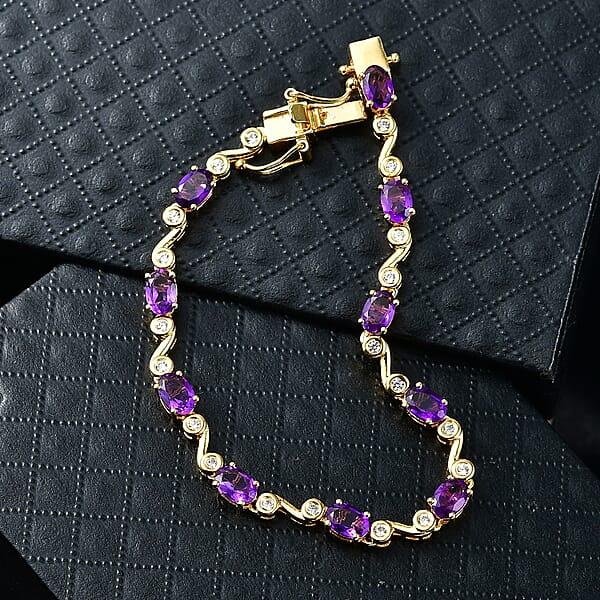 EverTrue African Amethyst And White Zircon 4.70 Ctw Bracelet In 18K Yellow Gold Plated (6.50 In)