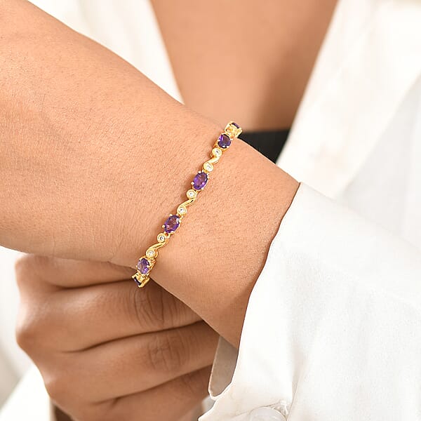 EverTrue African Amethyst And White Zircon 4.70 Ctw Bracelet In 18K Yellow Gold Plated (6.50 In)