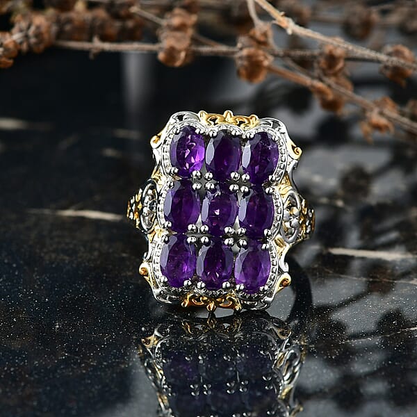 EverTrue African Amethyst Cluster Ring In 18K YG Plated And Platinum Bond 3.70 Ctw
