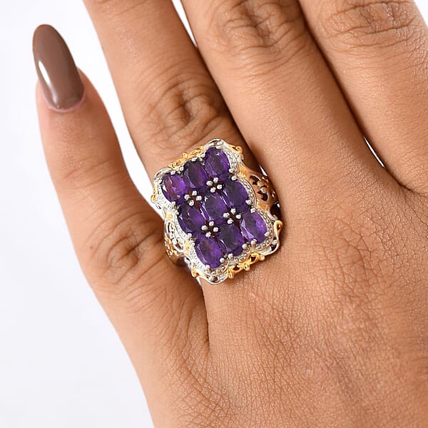 EverTrue African Amethyst Cluster Ring In 18K YG Plated And Platinum Bond 3.70 Ctw