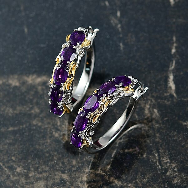 EverTrue African Amethyst Full Hoop Earrings 18K YG Plated And Platinum Bond 4.50 Ctw
