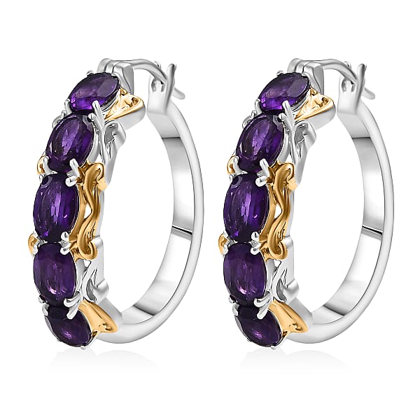 EverTrue African Amethyst Full Hoop Earrings 18K YG Plated And Platinum Bond 4.50 Ctw