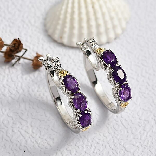 EverTrue African Amethyst Hoop Earring In 18K YG Plated And Platinum Bond 2.50 Ctw