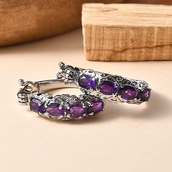 EverTrue African Amethyst Hoop Earrings In Stainless Steel 3.35 Ctw